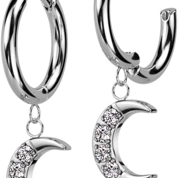 20GA Stainless Steel Crescent Moon CZ Hoop Earrings, Silver Tone, Pair - Picture 1 of 4